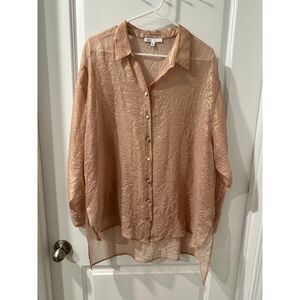 DR2 Rose Gold Metallic Crinkle Button‎ Down Blouse Elegant Evening Top Size L